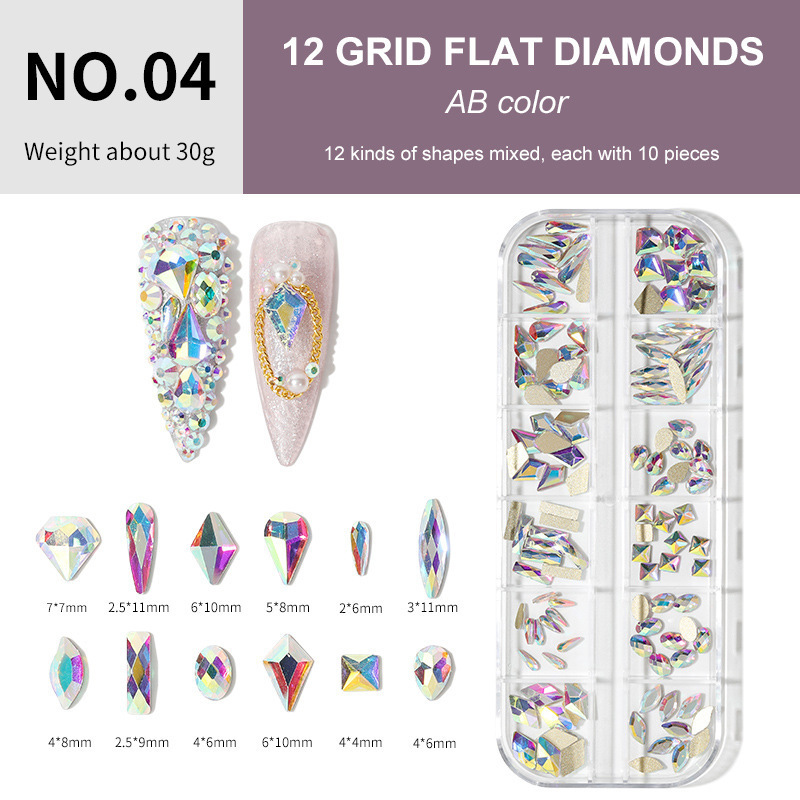 Joyería de uñas 12 rejilla mixta K9 plana en forma especial Temperatura de diamante Elf color mágico especial en forma de diamantes de imitación joyería de uñas al por mayor