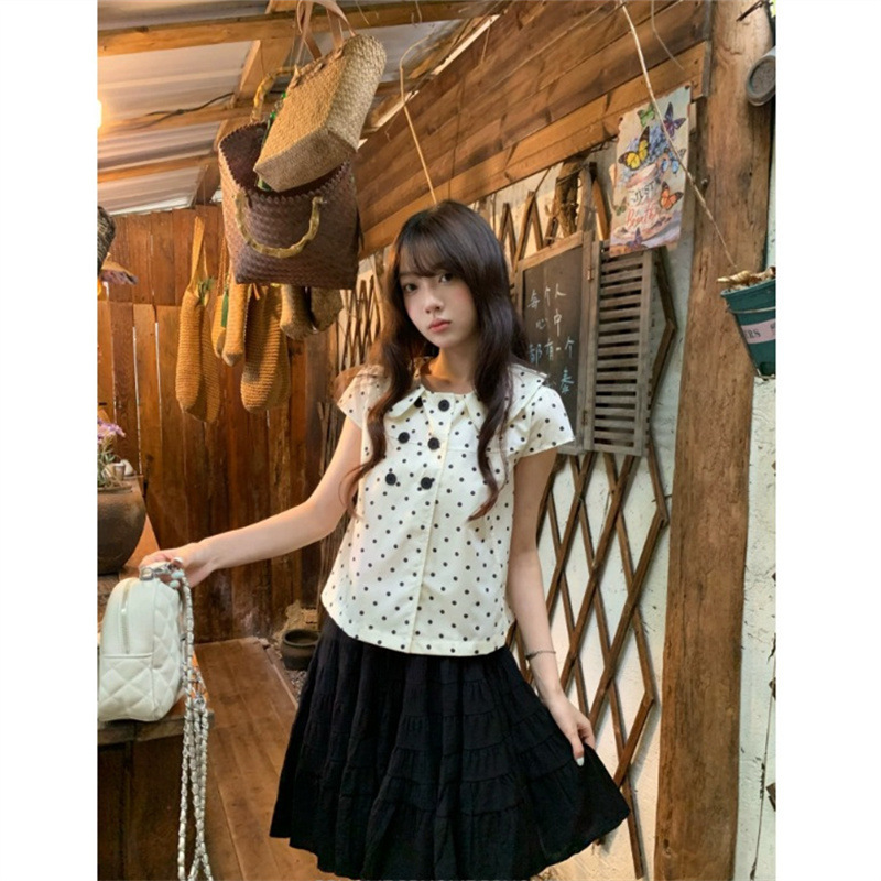Rena Cookie Crumble Polka Dot Doll Collar Short Sleeve Shirt for Women, Summer Double-Breasted Sweet Versatile Top