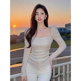 时尚方领上衣2026新款女春季甜酷辣妹风设计感别致亮片打底衫恤