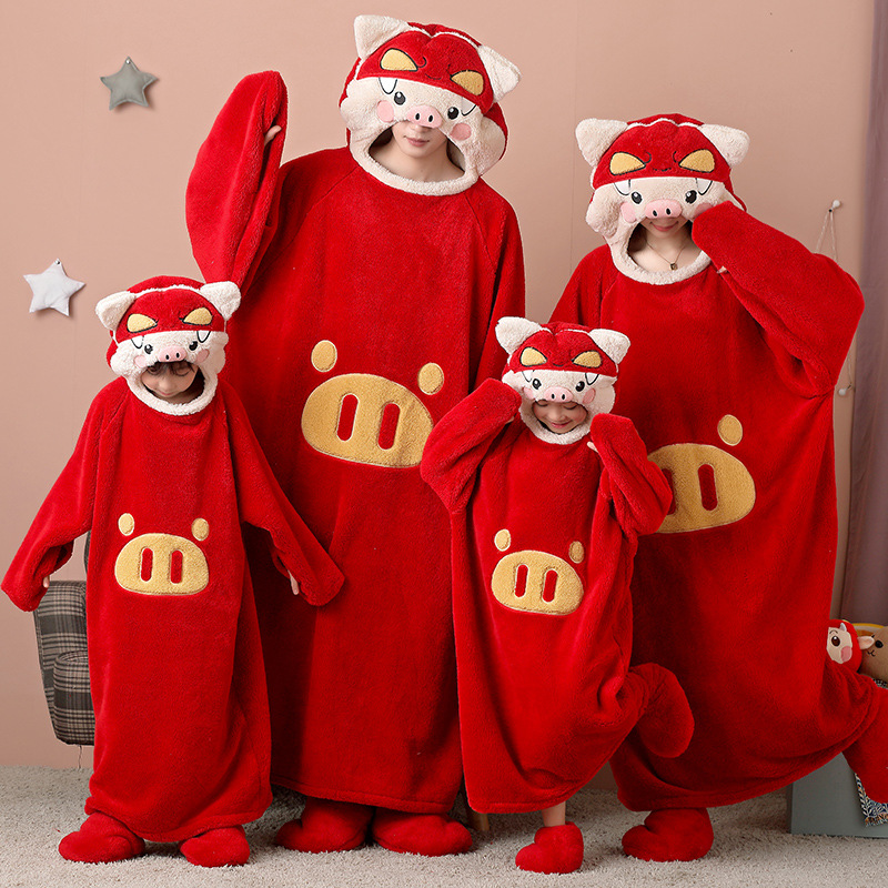 Franela de invierno de dibujos animados tiburón de los niños divertido padre-hijo de una sola pieza camisón engrosado madre-hija familia de cuatro familias homewear