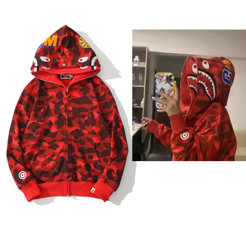 猿人APE サメと虎の頭刺繍入り迷彩柄ダブルハットスウェットシャツ メンズ ゆったりカーディガン ジップアップフード付きジャケット 夜光