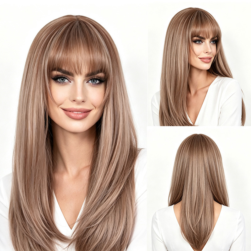 Cross-Border European and American Natural Women's Long Straight Light Pink Wigs with Middle Parting and Highlights, Made of High-Temperature Synthetic Fiber Cross-Border European and American Natural Women's Long Straight Light Pink Wigs with Middle Parting and Highlights, Made of High-Temperature Synthetic Fiber