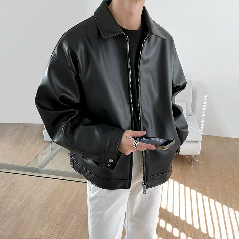 Polyurethane Baseball Jacket, Korean-Style Oversized Casual Jacket, Black, Sizes M–2XL