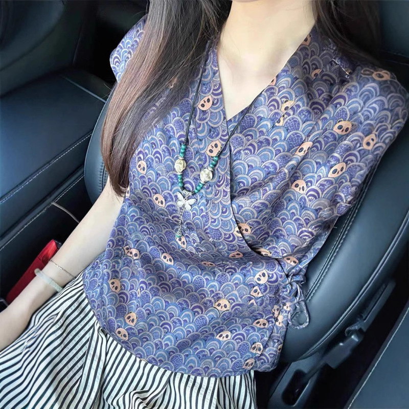 Blue Cross-Collar Jacquard Shirt, New Chinese-Style Top, Unique and Beautiful Chinese-Style Lace-Up Waist Tang Suit, Improved Han Dynasty