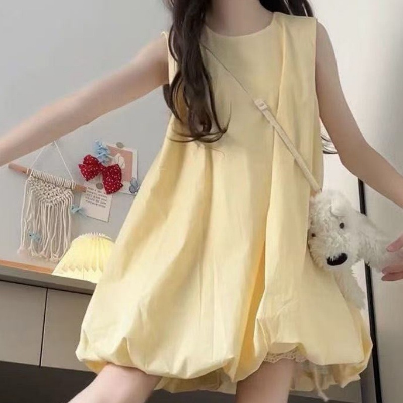 奶黄色无袖背心花苞连衣裙女夏季新款小个子甜美度假风蓬蓬短裙子|undefined