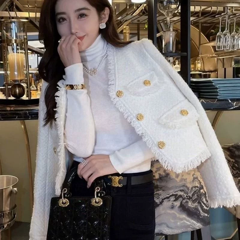 Весна-осень белая короткая куртка, стиль Chanel, стиль высокого качества, французский стиль, западный стиль