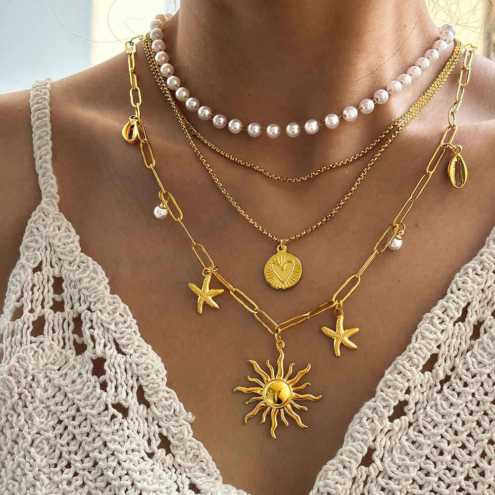 Women's Gender Wholesale Jewelry Elegant Retro Sun Starfish Heart Shape 304 Stainless Steel Plating Necklace Paperclip Chain Belcher Chain