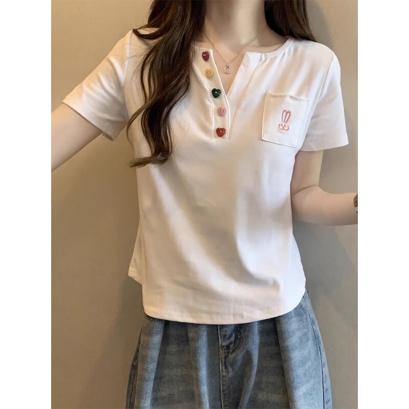 V-Neck Short-Sleeved Women's T-Shirt Stylish Fashionable Shoulder Top Slim Shoulder Top for Summer Women's Clothing Niche Top for Women A3576