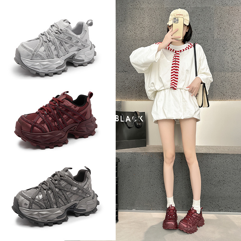 European-Style High-End Rhinestone-Embellished Lace-Up Thick-Soled Dad Sneakers for Women, 2026 New Model, Comfortable, Breathable, Versatile Sports Casual Shoes