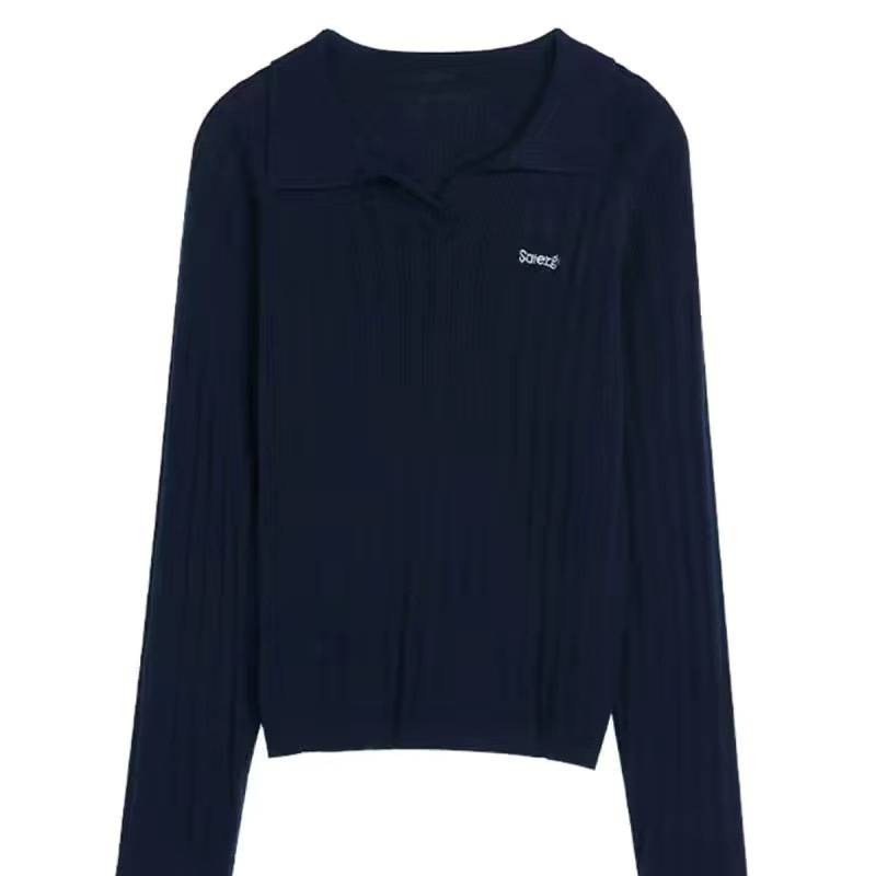 藏青色polo领针织衫女早秋季秋冬内搭打底衫薄款翻领针织上衣毛衣|undefined