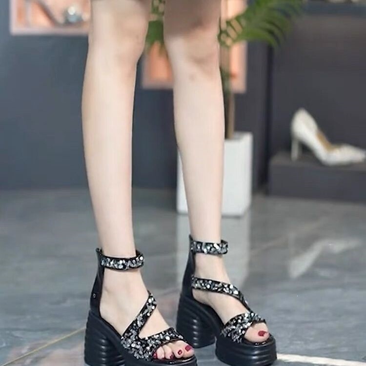 2026 Summer New Style Square-Toe Comfortable Versatile Thick-Soled High-Heeled Shoes with Sequins and Open-Toe Patent Leather Sandals