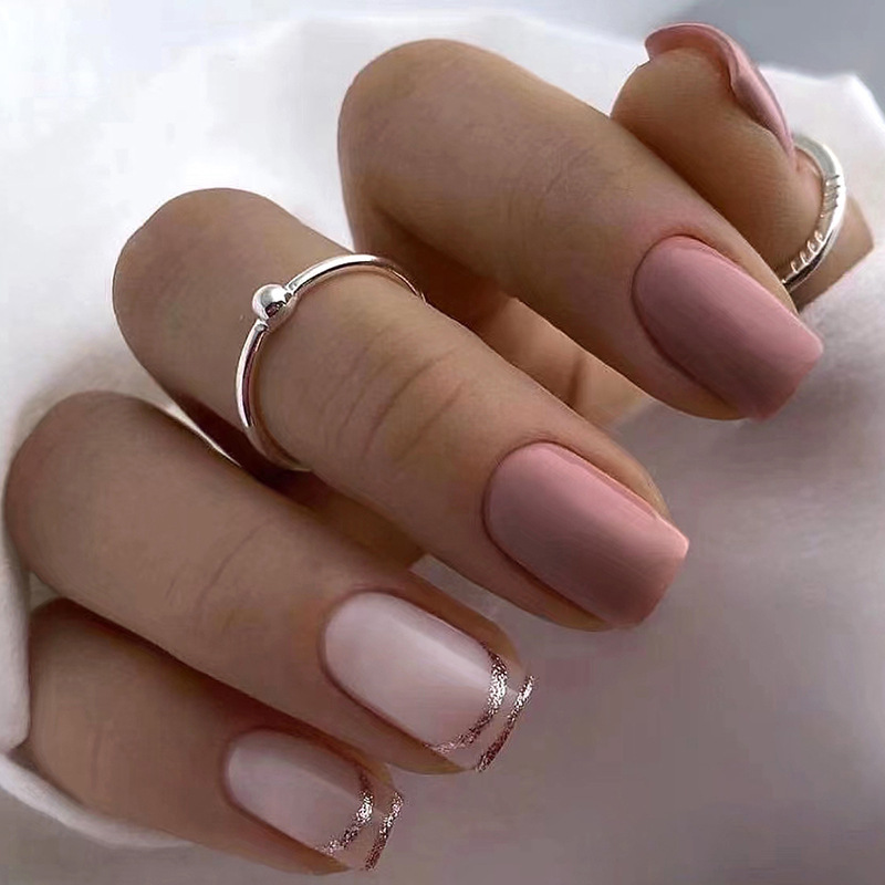 Foreign Trade European and American Simple Macaron Pink Pure Desire Girl's Nail Pieces Gentle Hollow Glitter French Wear Armor