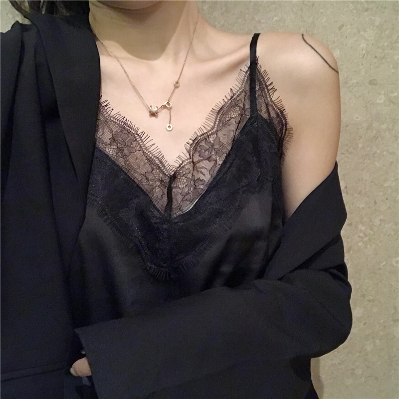 New Loose Interior Cyber Celebrity Camisole Vest Solid Color Lace Stitching Backing Sexy V-Neck Underwear Factory Direct Supply