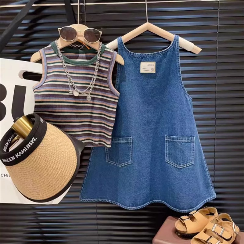 2025 Summer New suit Korean Style Girl's Denim Strand Dress Top Sleeveless Striped Vest Two-piece Set