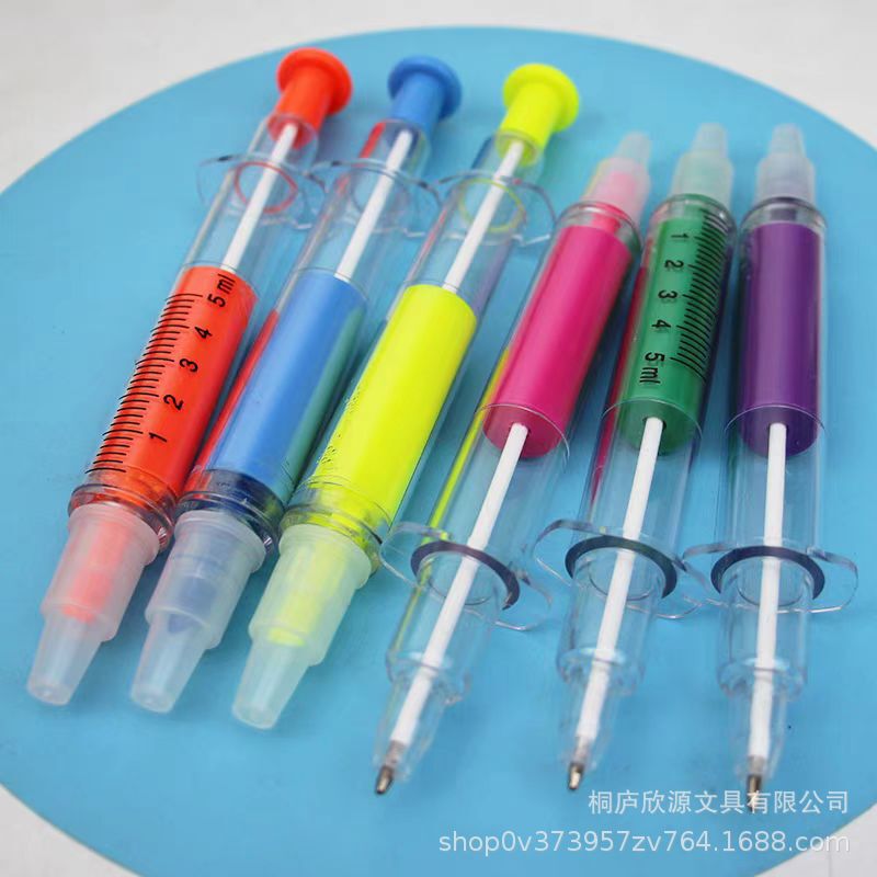 両用双頭シリンジ蛍光ペンボールペンクリエイティブカラーペン注射器ペンプラスチックボールペンマーカーペン|undefined