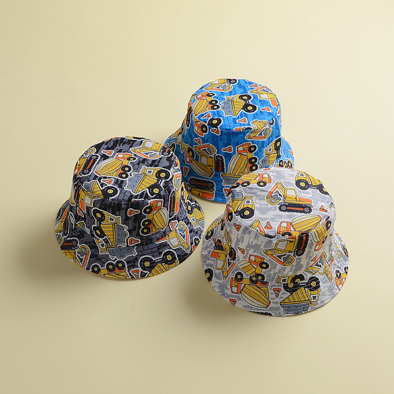 Cartoon engineering vehicle mixer pattern retro versatile children's fisherman hat outdoor leisure sun protection sun hat foreign trade