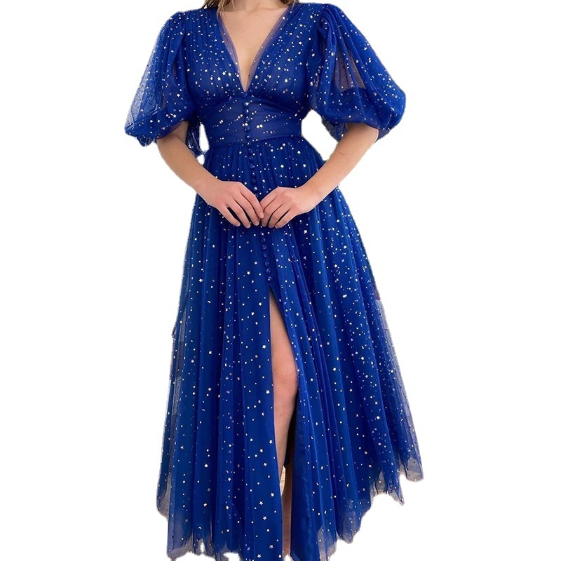 Europa y América del comercio exterior Amazon AliExpress deseo estación independiente cielo estrellado zafiro azul malla sexy Deep V split vestido de noche image 5