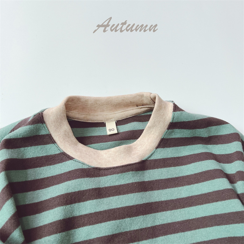 Otoño 2024 Camiseta de manga larga para niños Corea del Sur niños rayas retro cuello redondo suelta niños y niñas top