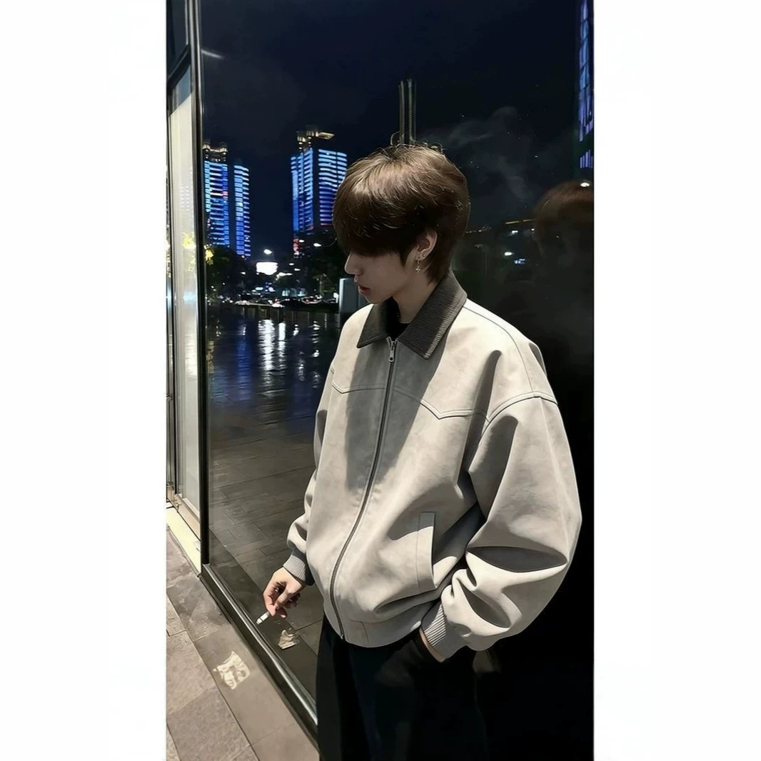 美式复古扎染皮衣夹克翻领男春秋季高级感痞帅棒球服短款工装外套