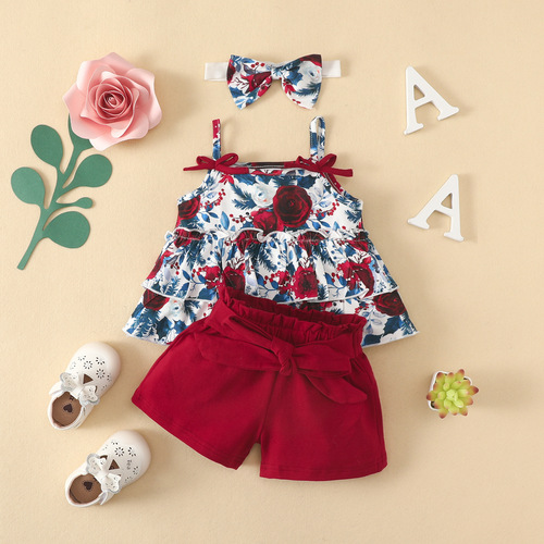 Cross-border baby strap set for girls 0-2 years old, European and American flower strap cute cotton shorts three-piece set summer