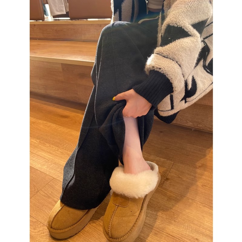 Pantalones rectos de lana gris para mujeres 2024 otoño y invierno de cintura alta pantalones de piernas anchas de edición estrecha pantalones casuales de trajes gruesos a herringbone