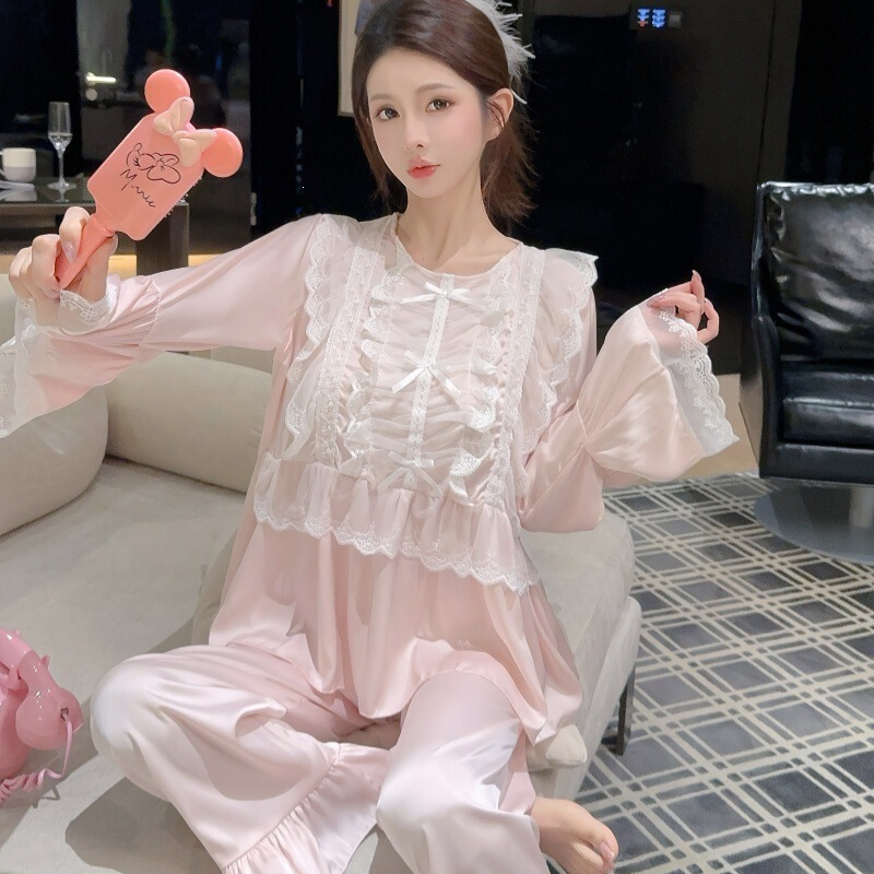 2026 Spring New Women's Ice Silk Long Sleeve Long Pants Heavy Lace Bow Sweet Outing and Home Wear Set