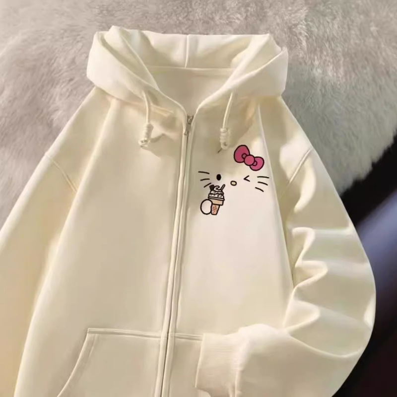 Milk apricot cute kitty cardigan hooded sweater women's 2024 autumn new coat small top
