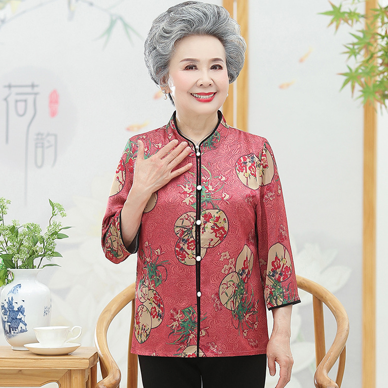 中老年人夏装女70岁奶奶装衬衫妈妈洋气上衣老太太立领唐装七分袖|ru