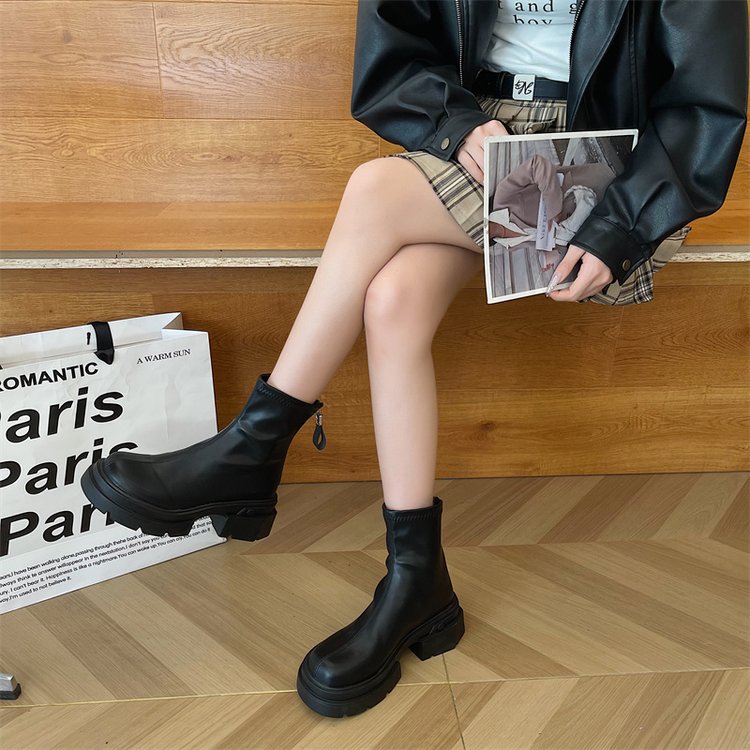 British Style Thick Heeled Short Boots for Women in Autumn 2023 Small and Thick Bottomed Versatile Back Zippered Short Leg Martin Boots_voghion.com