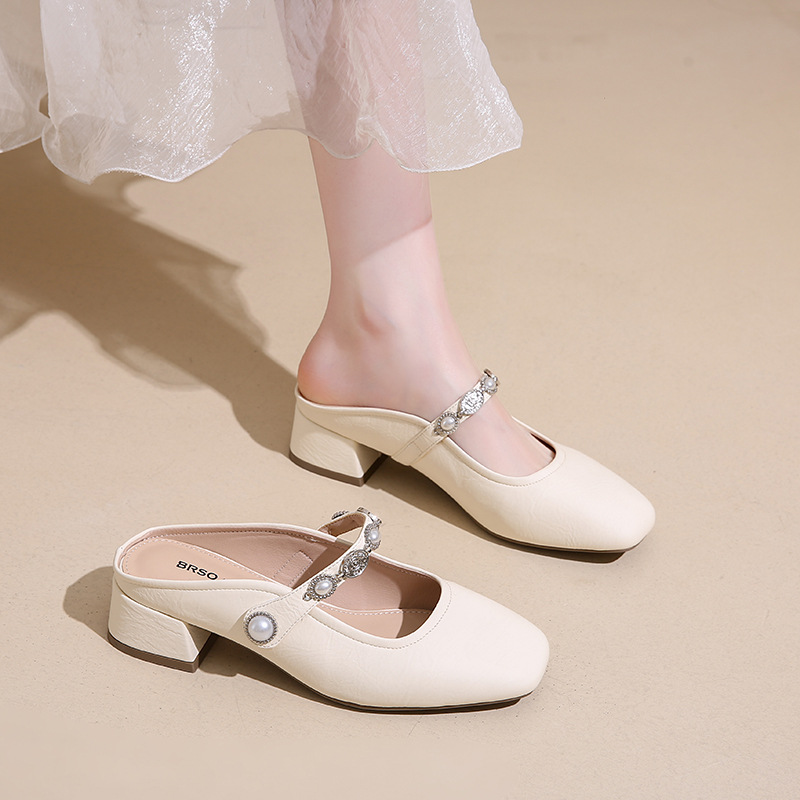 Zapatos de mujer hechos a mano de todo fósforo temperamento puntera plateada con falda verano elegante cabeza cuadrada con muller medio arrastre mujer