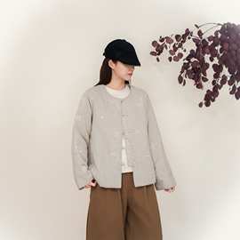 2025冬季新款新中式刺绣夹棉外套女文艺复古宽松短款棉服圆领上衣