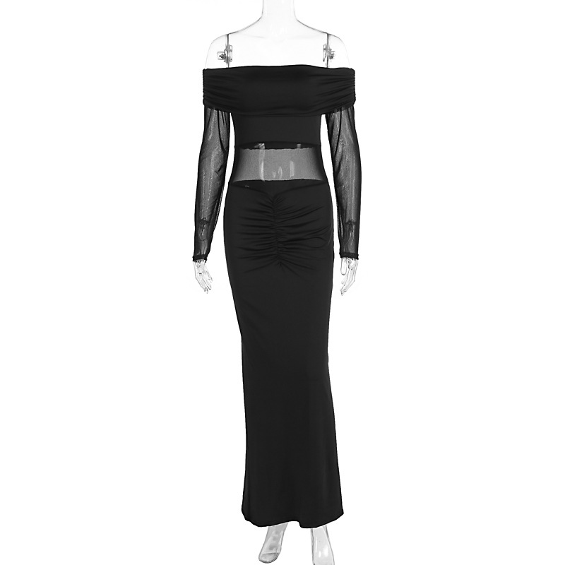 New Arrival Fashion Elegant Off Shoulder Long Sleeve Slim Fit Sheer Mesh Dress Women's Casual Party Evening Cocktail Dress_ecoleips.com