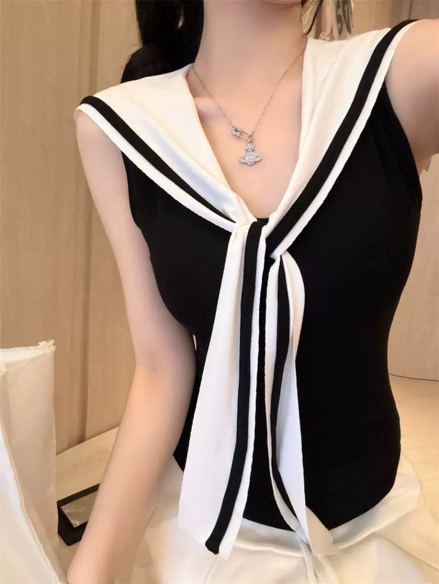 Pure Wind Sweet Hot Girl Navy corbata chaleco sin mangas mujer pequeña delgada y delgada con cojín de pecho hermosa espalda