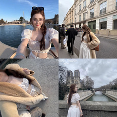 DoggyQin 桃乐丝/泡泡袖大U领小衫女夏季蝴蝶结绣花半身长裙套装