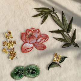 宝藏一号中式竹子布贴衣服贴补丁贴荷花刺绣汉服旗袍中国风装饰