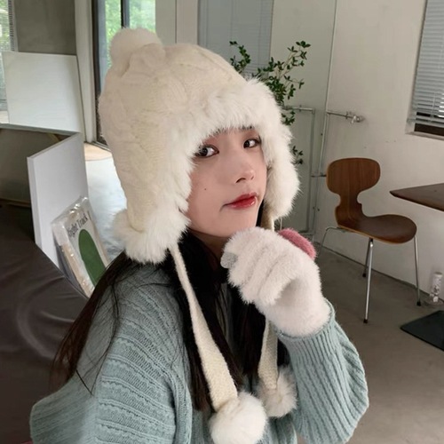 Ladies' Winter Versatile Rabbit Fur Ear Protection Knitted Lei Feng Hat, Sweet and Cute, Thick Plush Knit, Warm and Cozy Hat