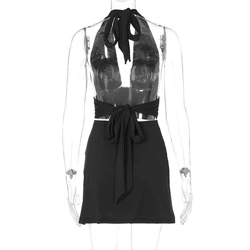 Summer Deep V Plunge Lace up Halterneck Vest Skirt Suit Outfit Women Clothing