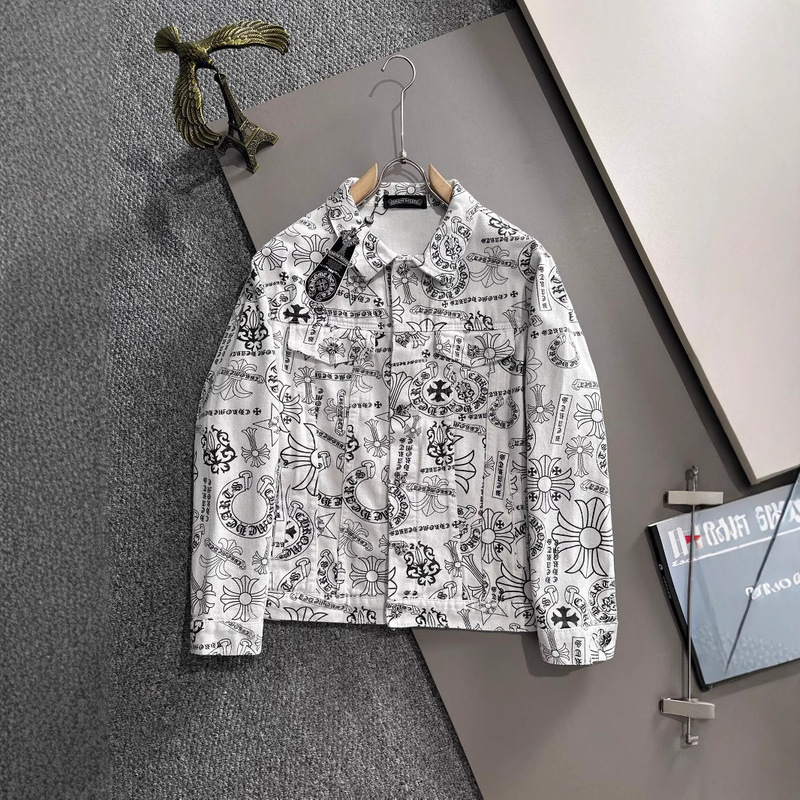 Chrome Hearts2024 New Heavy-Duty All-Over Printed Jacquard Long-Sleeved Denim Shirt Star's Same Style Top for Men