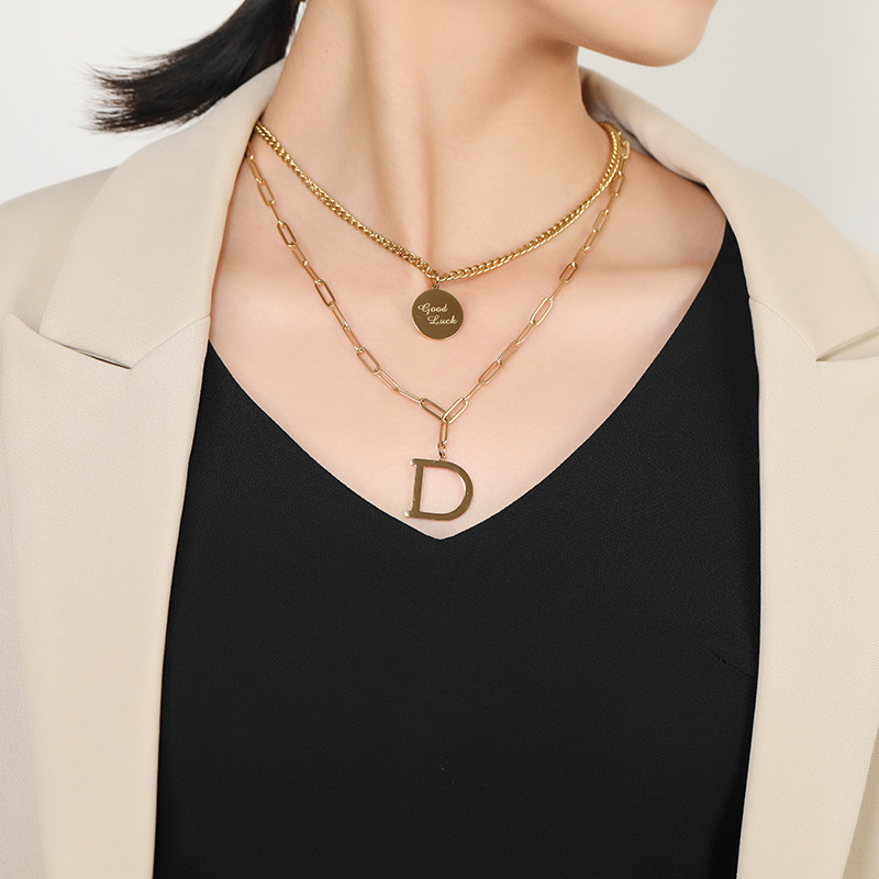 European and American Light Luxury Titanium Steel Double Layer Necklace Vintage Niche Elegant Clavicle Chain Women's High-end Woolen Chain Accessories