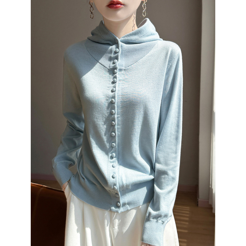 French-style casual hooded knit cardigan sweater for women, 2026 new collection, fine-knit, stylish gray hoodie top French-style casual hooded knit cardigan sweater for women, 2026 new collection, fine-knit, stylish gray hoodie top