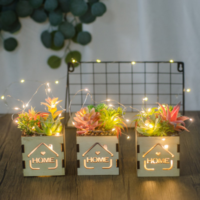 亚马逊仙女灯木盒盆栽仿真绿植多肉系列人造花家居摆件咖啡厅饰品