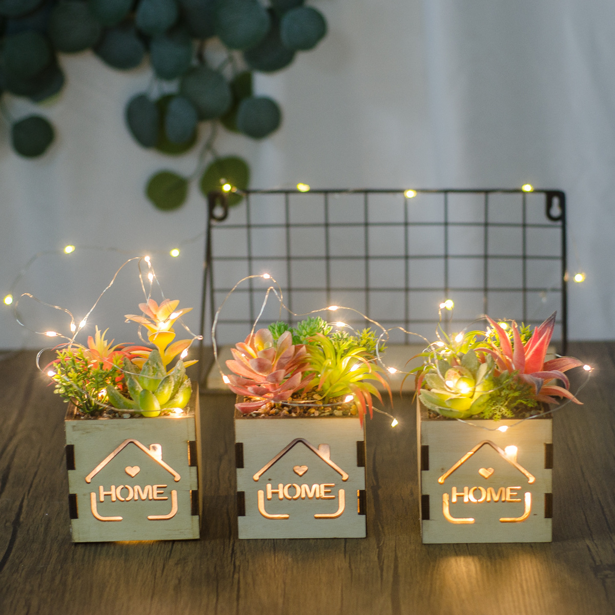 亚马逊仙女灯木盒盆栽仿真绿植多肉系列人造花家居摆件咖啡厅饰品