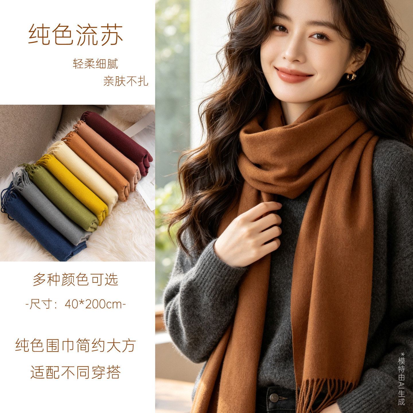 Foreign Trade New Solid Color Maillard Cashmere Scarf Women's Autumn and Winter High-end Korean Style All-match Scarf Warm Shawl