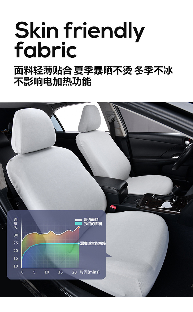 Front row universal seat covers for driver and passenger seats, made of DeRong elastic fabric, dustproof seat cushion and headrest separate covers