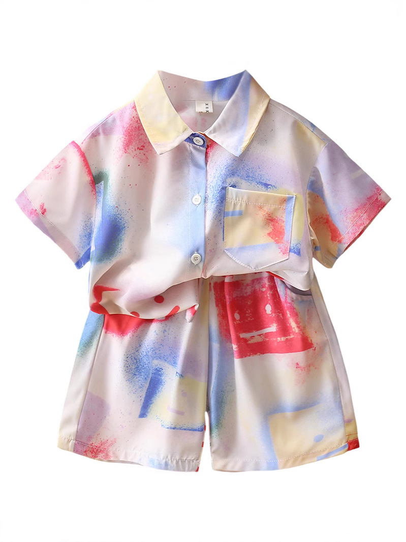7180 Traje de verano para niños 2025 Nuevo estilo Camisa de flores rufián Ropa de playa Traje de tres piezas de manga corta de verano para niños
