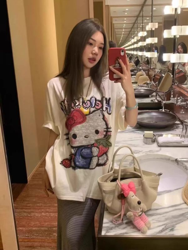 纯棉HelloKitty印花白色短袖T恤女夏季慵懒风宽松洋气时髦上衣潮|undefined