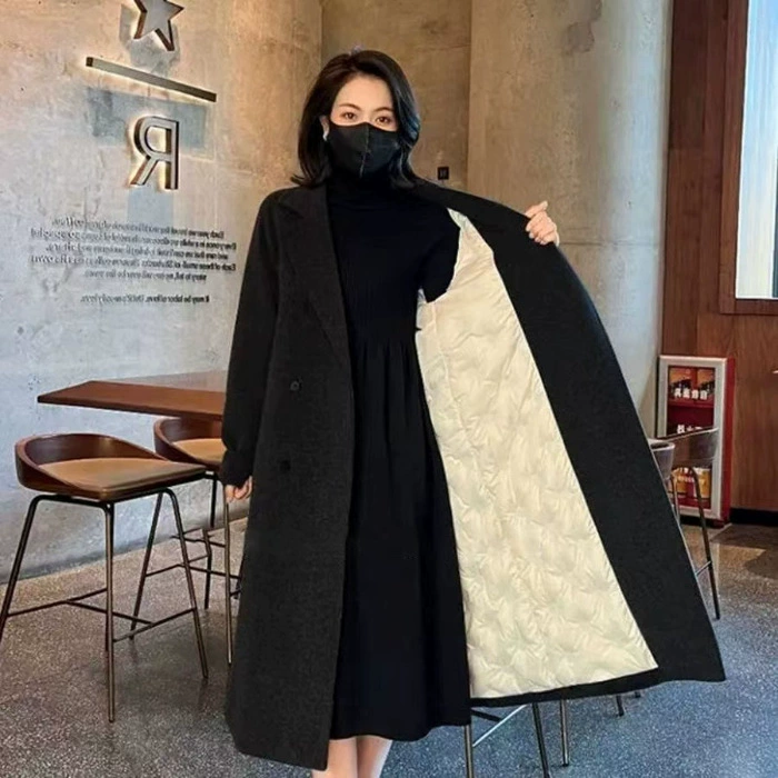 Пальто средней длины из шерсти с quilтованной бархатной подкладкой, oversize плюс-размеры (M–3XL)
