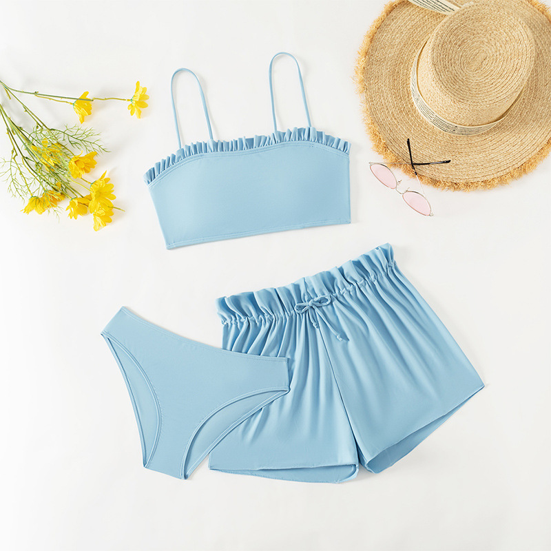 Amazon Europe and America 2025 New Medium and Large Kidsren's Beach Vacation Sun Protection Quick-Drying Pure Color Ruffled Bikini for Women