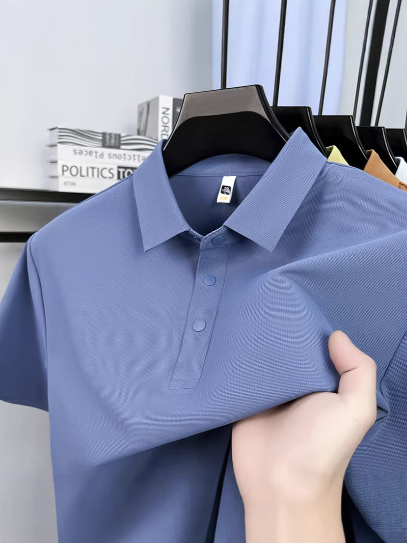 Seamless Nylon Polo Shirt, New Summer Style, Three-Button Split Hem, Men's High-Quality Solid Color Casual Popular T-Shirt