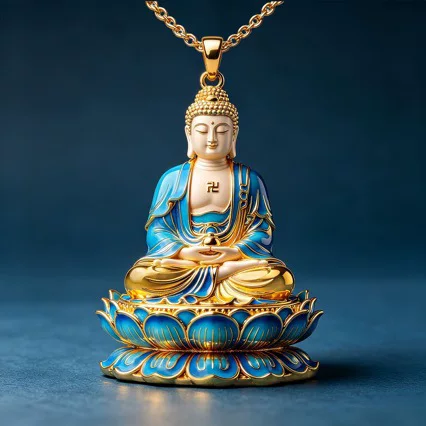 Blue Gold Lotus Buddha Amulet Metal Pendant - Dainyaru Lotus Light Luxury Necklace, Exquisite Versatile Ornament, Gift Pendant